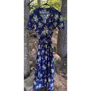 Vintage 70s Handmade Blue Floral Belted Maxi Dress Size S